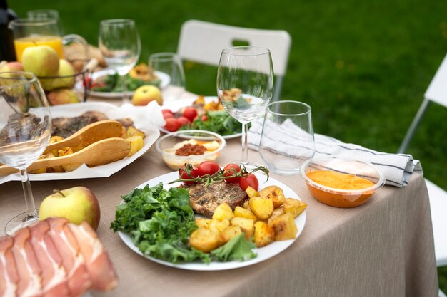 High angle delicious food on table arrangement