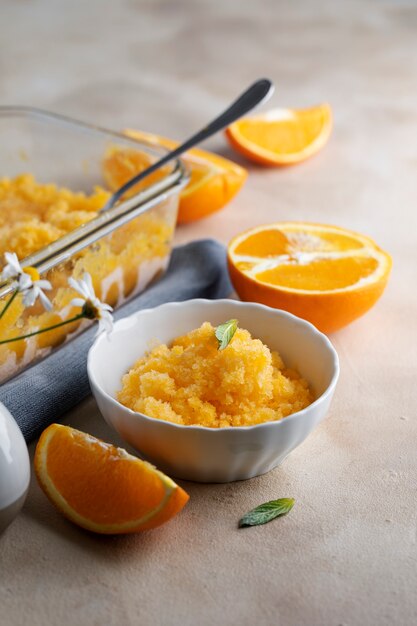 High angle delicious granita dessert with orange