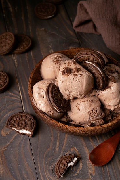High angle delicious ice cream and cookies