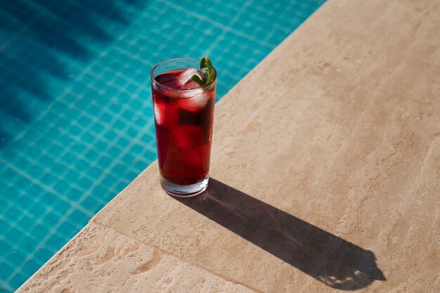 High angle delicious iced tea near pool