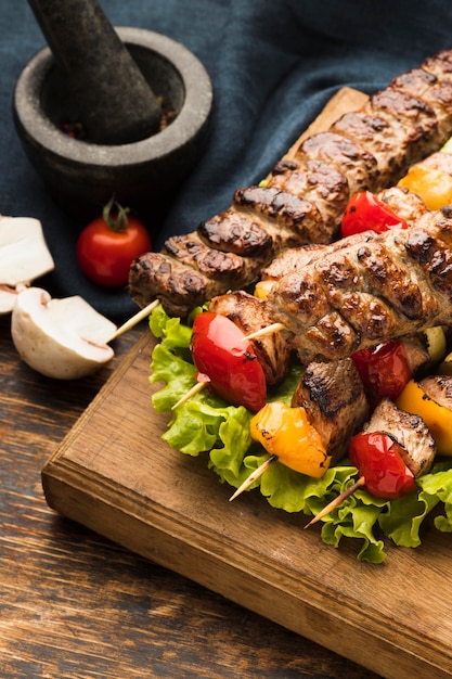 High angle of delicious kebab with meat and vegetables