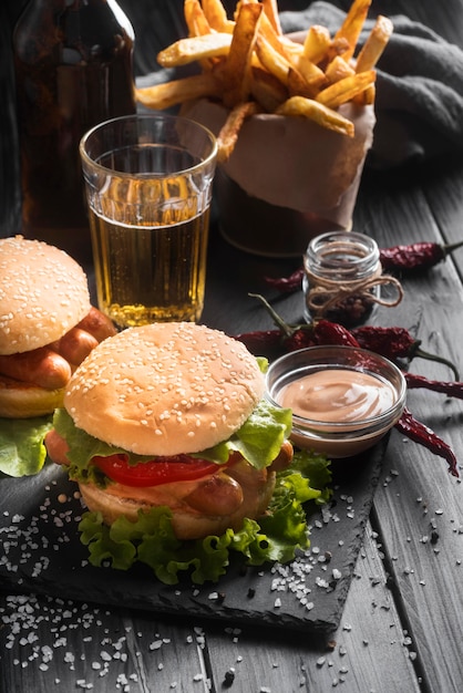 High angle delicious looking hamburger arrangement on black plate