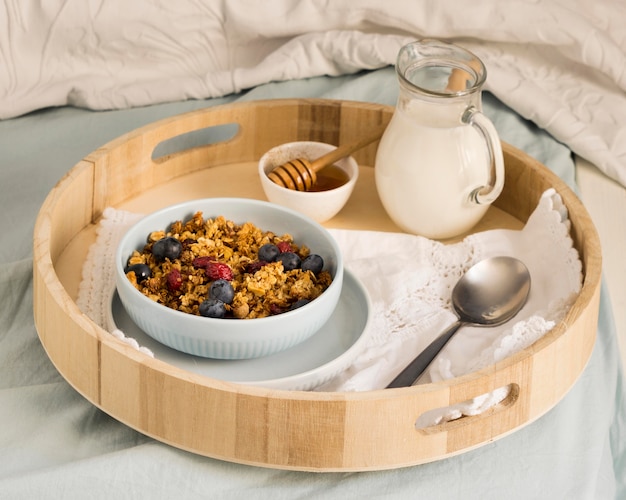 Free photo high angle of delicious muesli in bowl