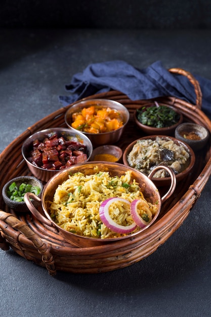 High angle delicious pakistan meal arrangement in a basket