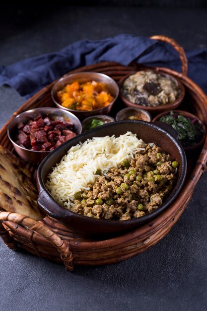 High angle delicious pakistan meal on a table