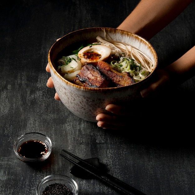 High angle of delicious ramen in bowl