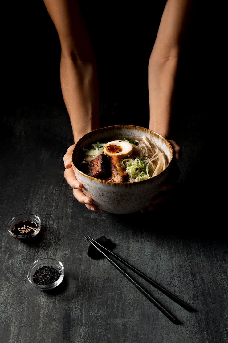 Free Photo high angle of delicious ramen in bowl