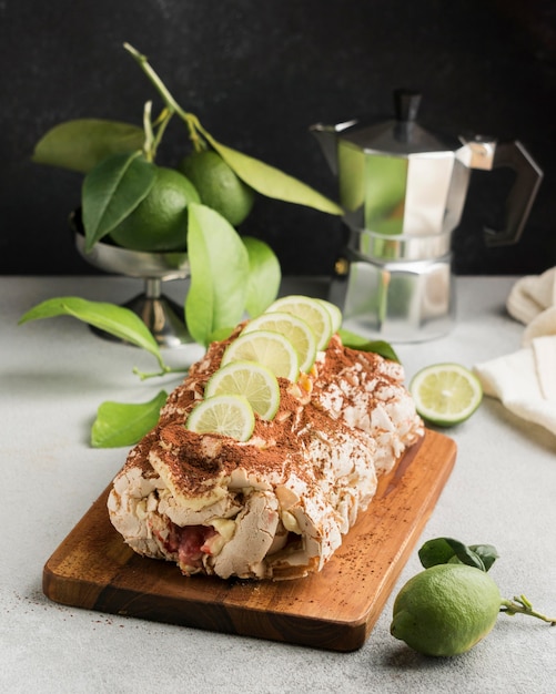 High angle of delicious roll and lime