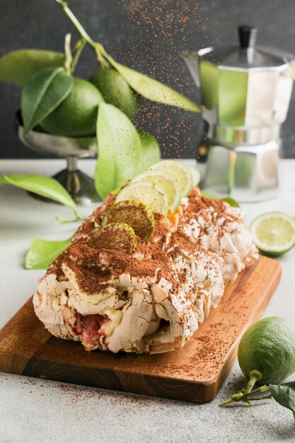 High angle of delicious roll and lime