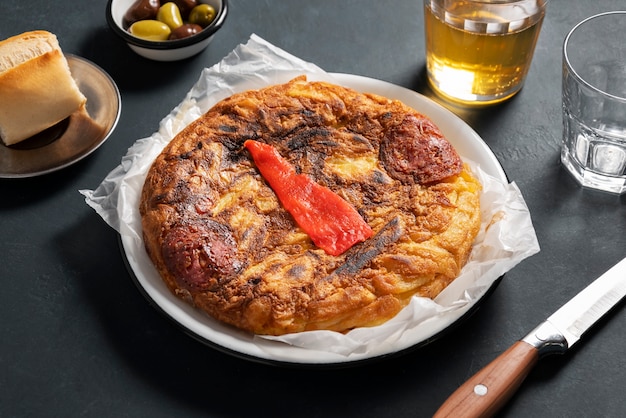 High angle delicious spanish tortilla still life