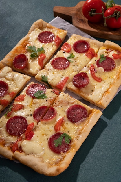ペパロニとハイアングルのおいしい正方形のピザ