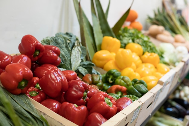 Вкусные овощи под высоким углом на рынке