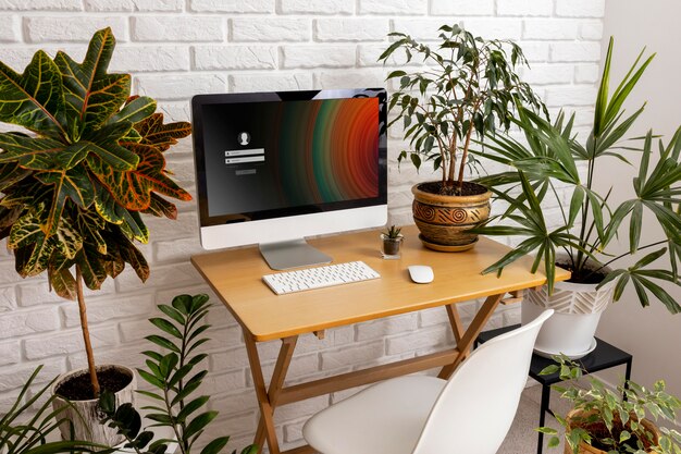 High angle desk arrangement and plants