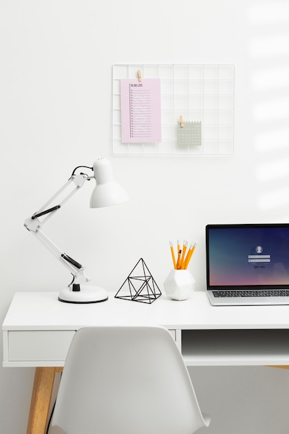 High angle desk arrangement with laptop