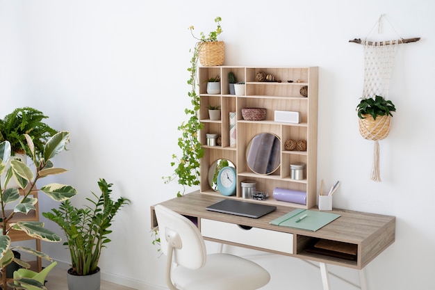 High angle desk arrangement with plants