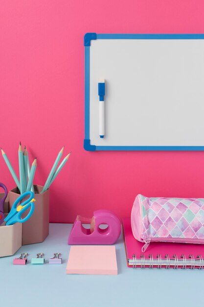 High angle desk arrangement with supplies