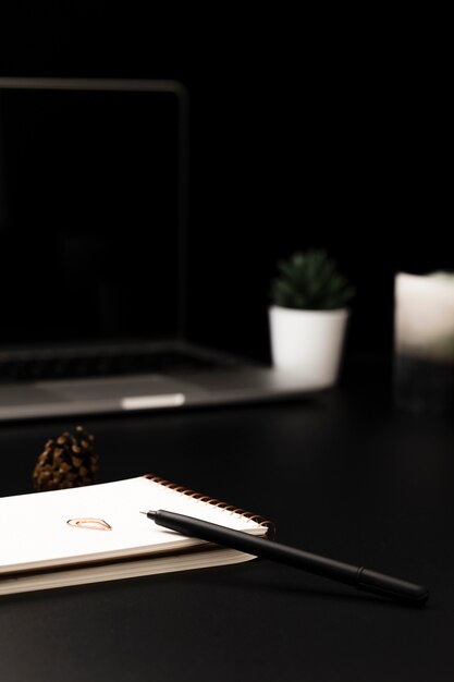 High angle of desktop with succulents and notebook