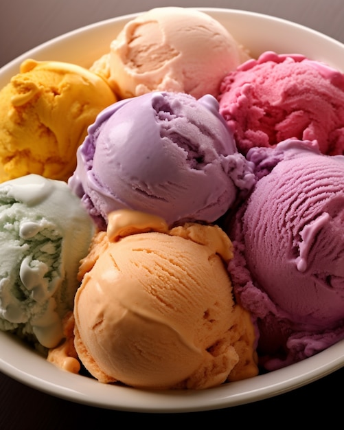 高い角度で異なる味のアイスクリームをボウルに