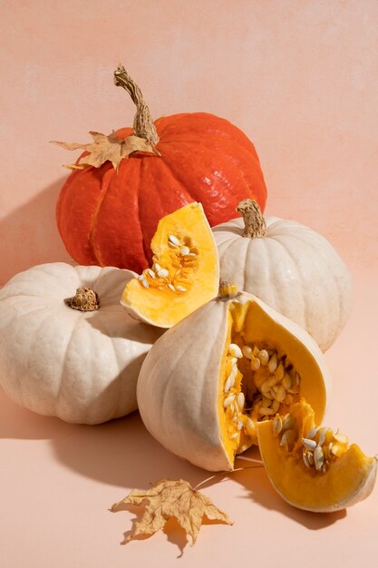 High angle different pumpkins arrangement