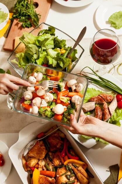high angle of dinner table with food