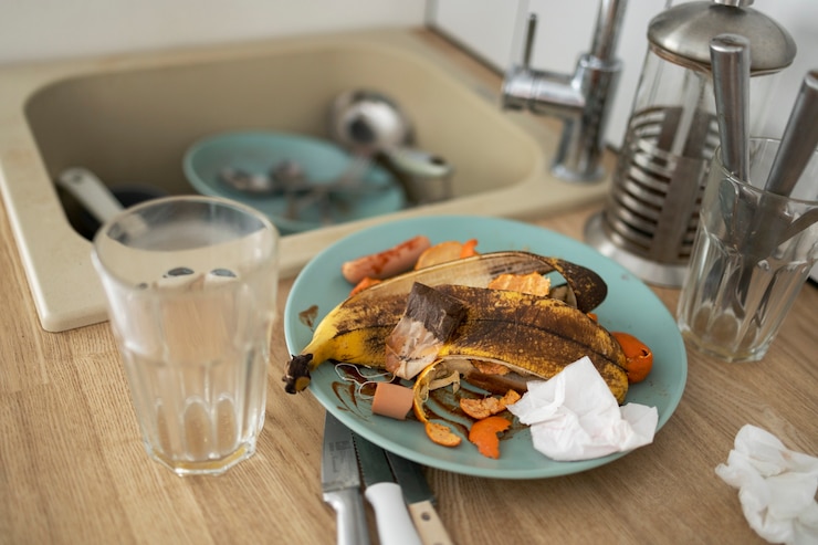 Free Photo high angle dirty dishes and cups in sink