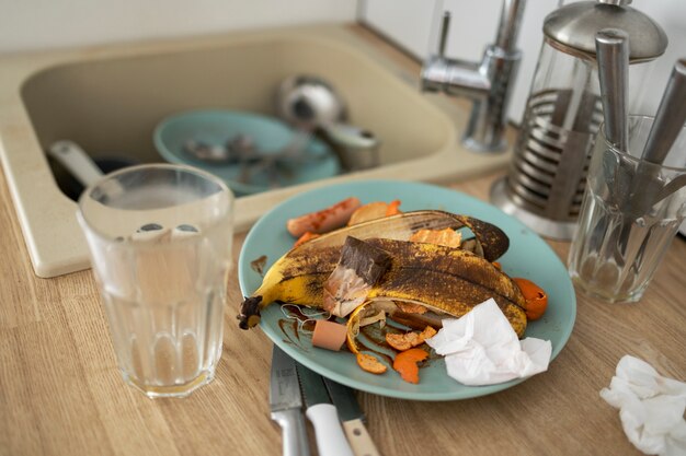 High angle dirty dishes and cups in sink