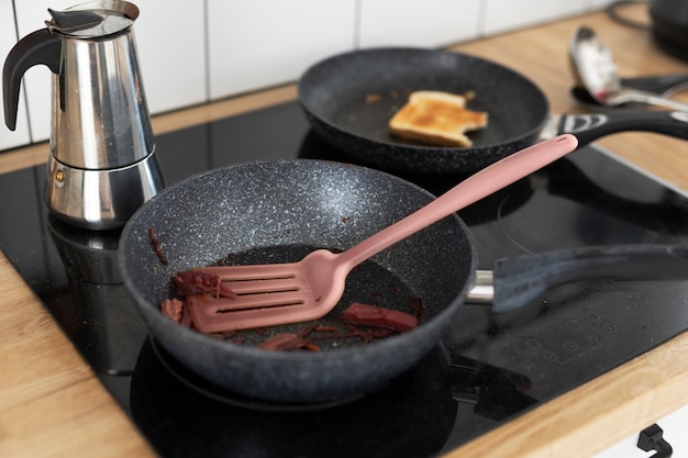 High angle dirty pans on stove