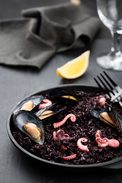 High angle of dish with mussels and squid