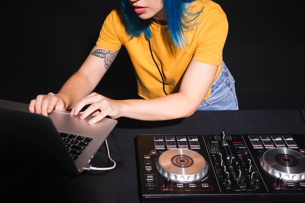 High angle dj equipment on table