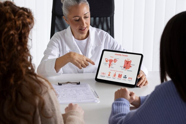 High angle doctor presenting with tablet