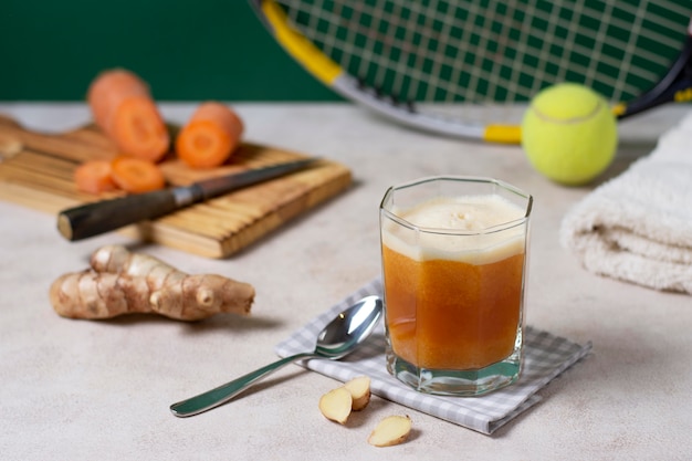 High angle drink and carrot arrangement