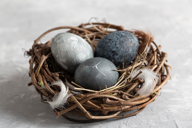 High angle of easter eggs in bird nest with feathers