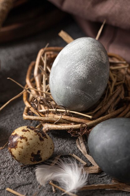 Высокий угол пасхальных яиц в гнезде из веток