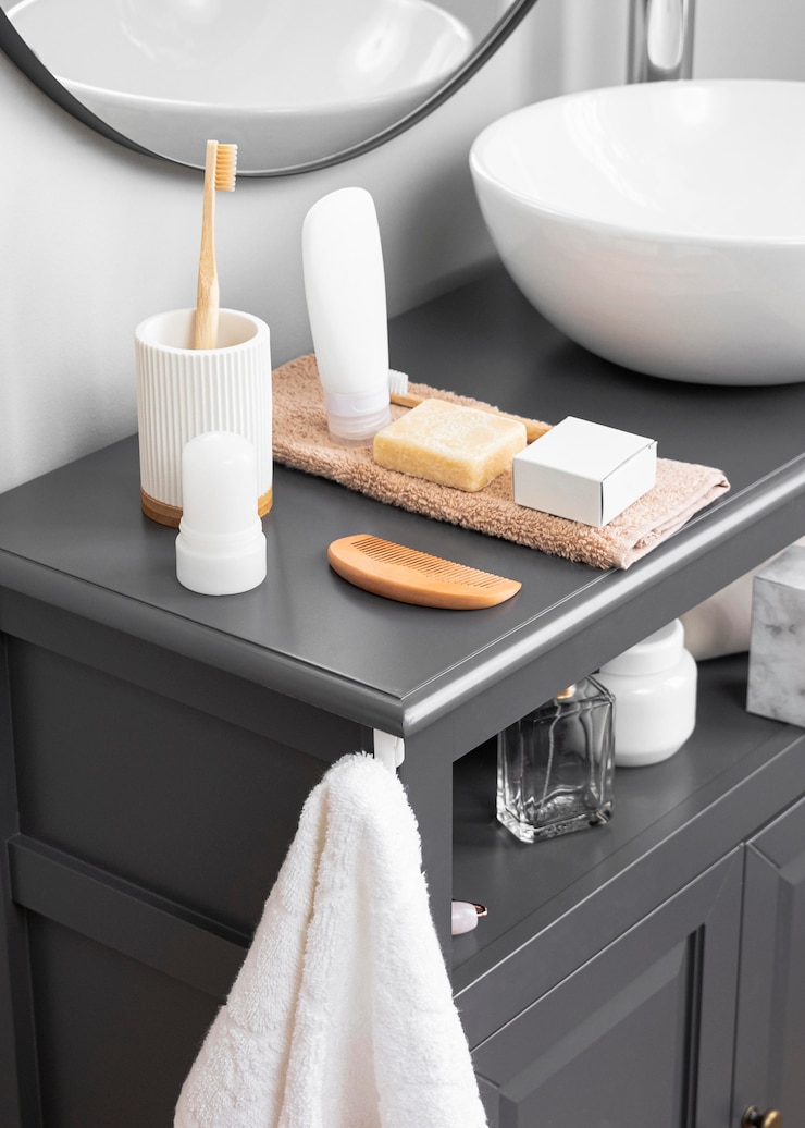 Wall-mounted toilet and slim vanity in a small bathroom