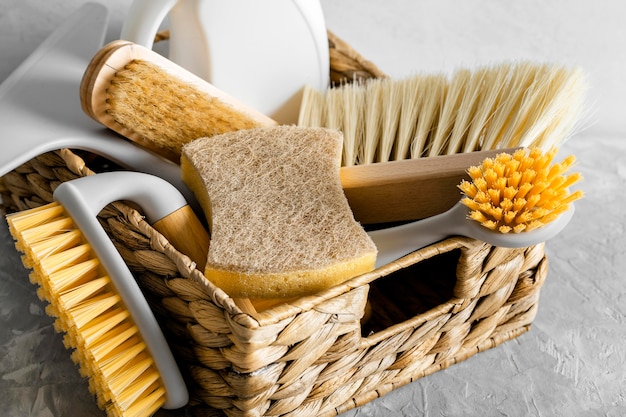 High angle of eco-friendly cleaning brushes in basket