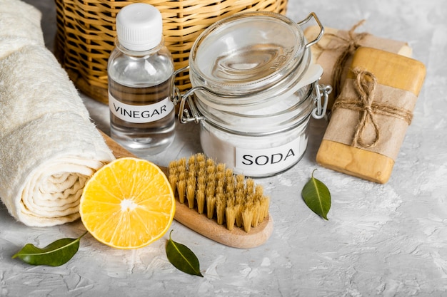 Free photo high angle of eco-friendly cleaning products collection