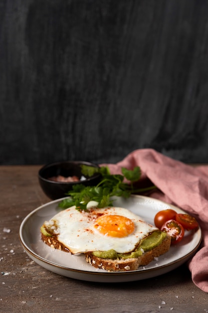 High angle egg on bread slice