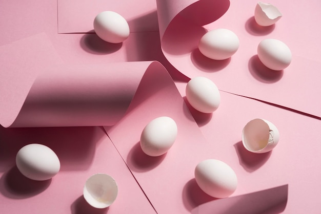 High angle eggs on pink background