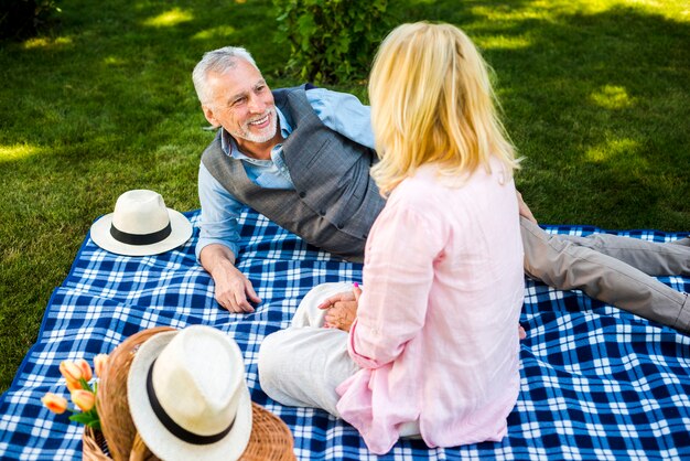 High angle elderly enjoying their picnic