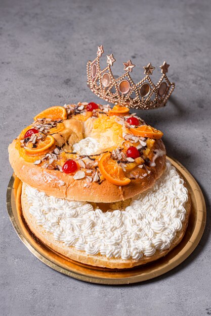 High angle epiphany day food with a crown