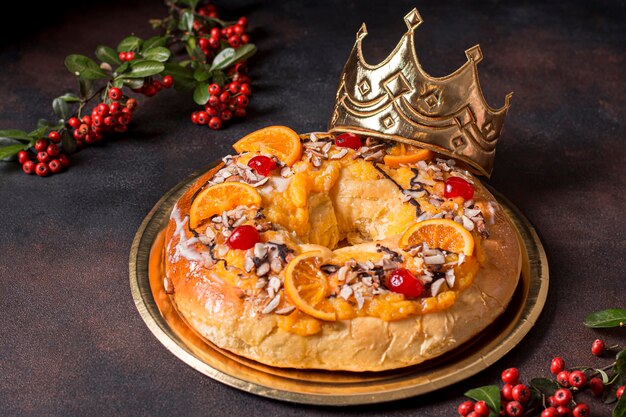 High angle epiphany day food with a king crown