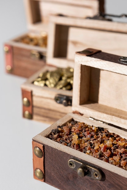 High angle of epiphany day treasure chests with raisins and stones