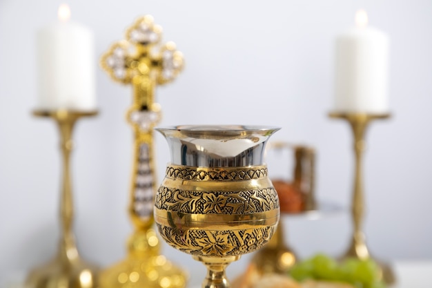 High angle eucharist celebration with chalice