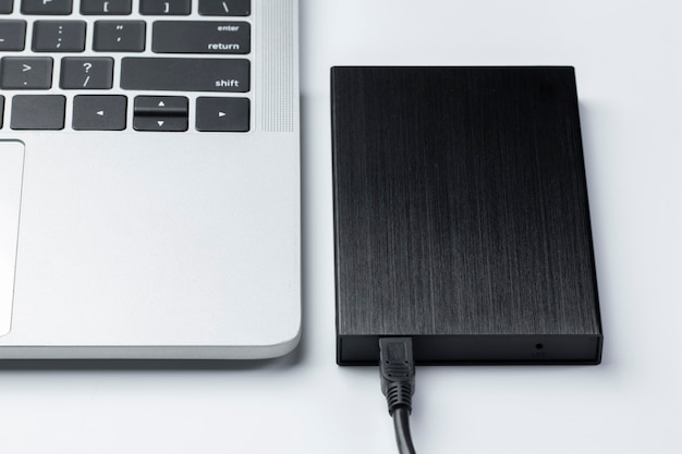 High angle external hard disk and laptop