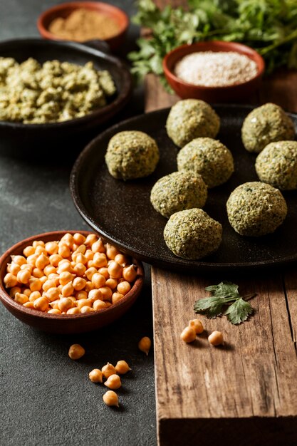 High angle falafel and chickpeas arrangement