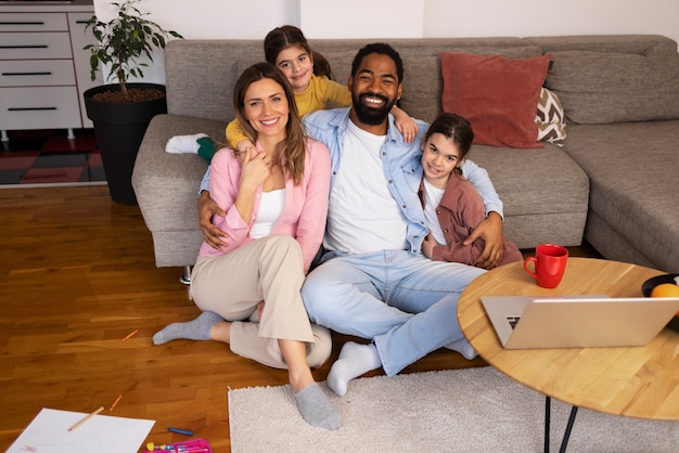 High Angle Family Spending Time At Home