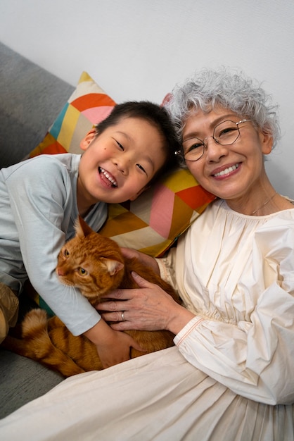 High angle family with cute cat