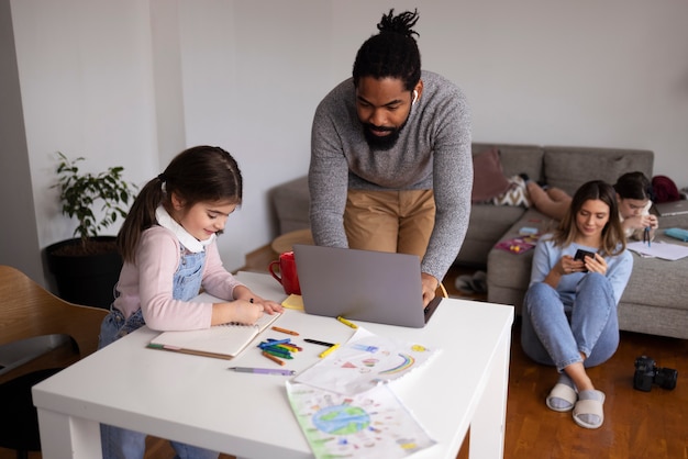 high angle family with kid at home