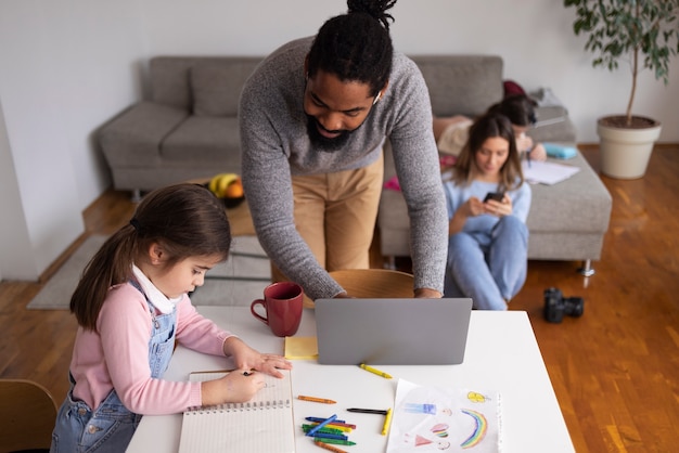high angle family with kid at home