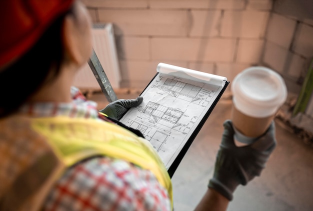 Free photo high angle of female construction worker holding coffee and blueprint